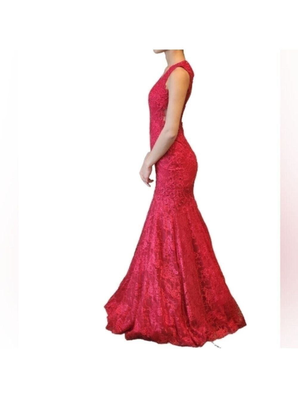Formal red maxi lace dress, mermaid silhouette, V neckline size 0